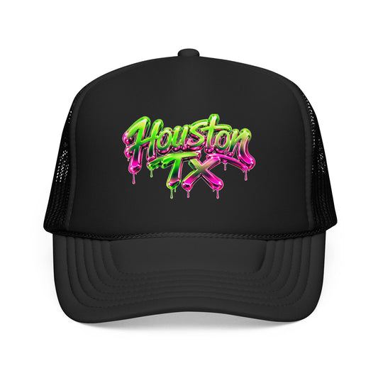 Houston TX Neon Drip Graphic Foam Trucker Hat