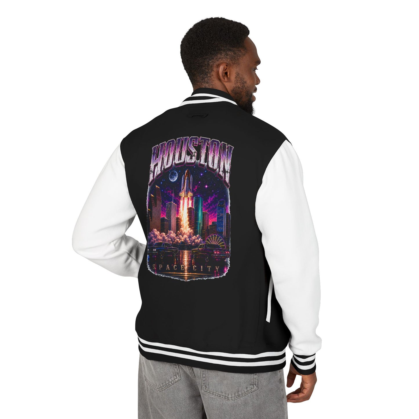 Retro Houston Space City Graphic Unisex Heavyweight Letterman Jacket